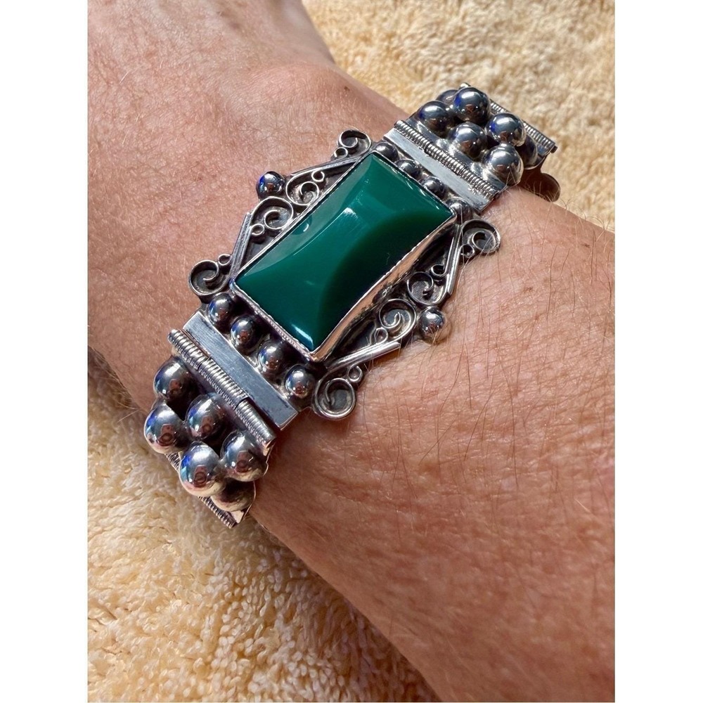 Vintage Mid-Century Mexican Sterling Silver Green Onyx Panel Link Bracelet 7 in - Picture 3 of 16